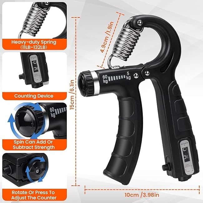 Grip Strength Trainer Kit with Built-in Repetition Tracker ¨C 6 PCS Hand Grip Strengthener, Finger Exerciser, Forearm Workout Ring, Stress Ball ¨C Adjustable for Rehab, Fitness, Athletes
