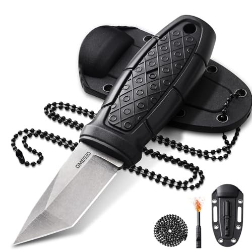 Omesio Cuchillo, Cuchillo De Cuello Para Exteriores Con Hoja De 6 cm EDC, Mango De Acero 5Cr14Mov PP, Con Funda ABS, Cadena De Bolas, Encendedor, Unisex, Adecuado Para Senderismo y Acampada.
