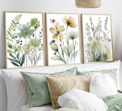 Plantes et fleurs vertes sur toile art mural triptyque haut de gamme