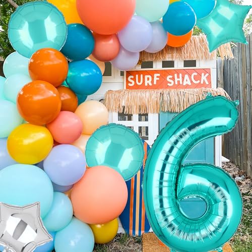Image of Teal Blue Number 6 Balloons 40 Inch Mermaid 6th Birthday Theme 5 Pcs | Big Helium Mylar Digital Balloon Anniversary Wedding Party Decor Supplies