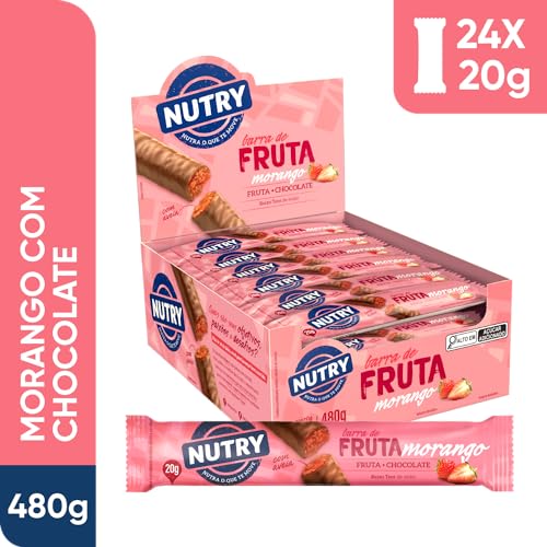 Barra de Fruta Nutry Morango 20g - Display Com 24 Unidades - Com Fruta, Chocolate e Aveia