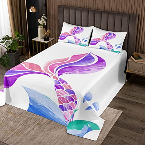 Juego de colcha de sirena kawaii para niñas, colcha acolchada de sirena, escamas de pescado, ultra suave, juego de colcha de princesa y arco iris, tamaño King