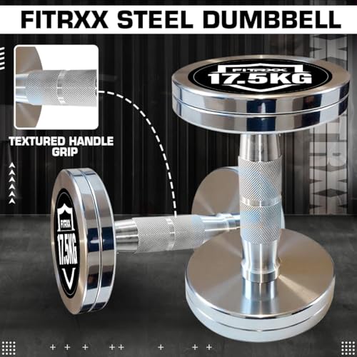 Image of Fitrxx Pair of chrome plated steel Fixed Weight Dumbbells - Gym equipment for home workout | Fitness Gym Dumbbell set for Muscles | stainless steel dumbles set | Dumbell Weights for Workout (Silver, 17.5 Kg Pair)