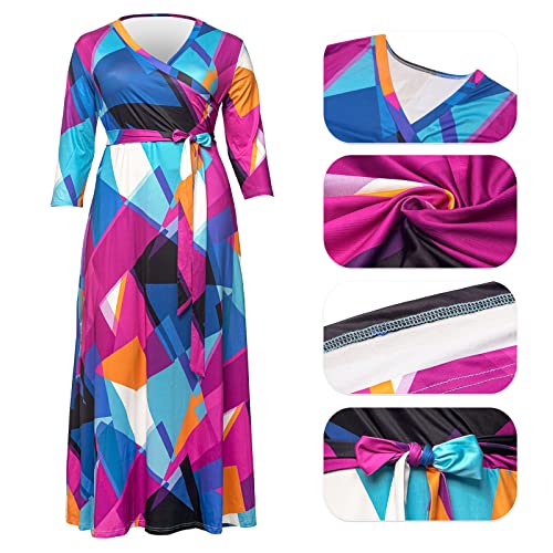 Image of Runwind Plus Size Dresses for Women Floral Maxi Dress Flowy 3 /4 Sleeve with Belt