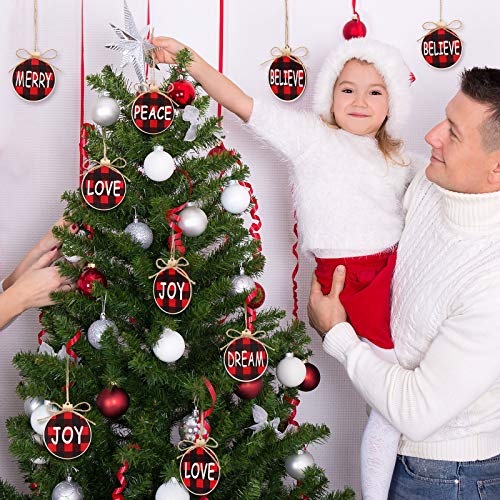 18 Pieces Christmas Wooden Ornaments Set Buffalo Plaid Christmas Hanging Decorations Hanging Crafts Wooden Tags For Xmas Trees Doors Bells 6 Styles Joy Believe Peace Merry Dream Love #TOP5