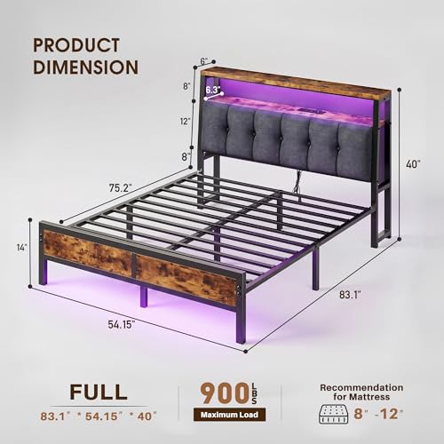 Image of Homkdom Full Bed Frame,Upholstered Storage Headboard,Charging Station,Brown | LED Linghts, 12 inch Under-Bed Storage,2AC Outlets&1USB-C&1USB-A,Noise-Free,Quick Assembly,Supports up to 900 lbs