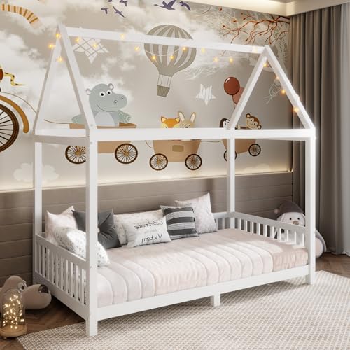 Anwick Twin Size Wood House Bed Frame with Guardrail and LED, Montessori Floor Bed with Fence and Roof, No Box Spring Needed (Twin)