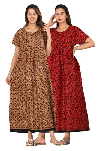 Image of Kuruti B Sheets Nighty for Women Cotton Combo (Pack of 2 Pcs) Nighty Gown Round Neck Short Sleeves Free Size