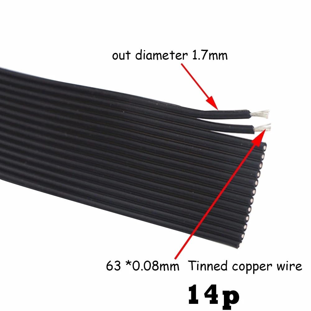 10-pinowy 12-pinowy 14-pinowy silikonowy kabel taśmowy do drukarki 3D, drut 20AWG, 22AWG, miękki, równoległy, czarny, miedziany, szeroka linia, 22AWG, 14 pinów