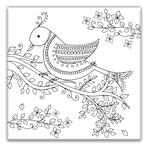 Zentangle Bird Coloring Canvas for adults | Stretched primed canvas 8 x 8 Inches | Premium Handmade Adult Coloring Canvas for Grown-ups | Art and Sip Party, DIY Kit, Party favor | Easy & fun drawings