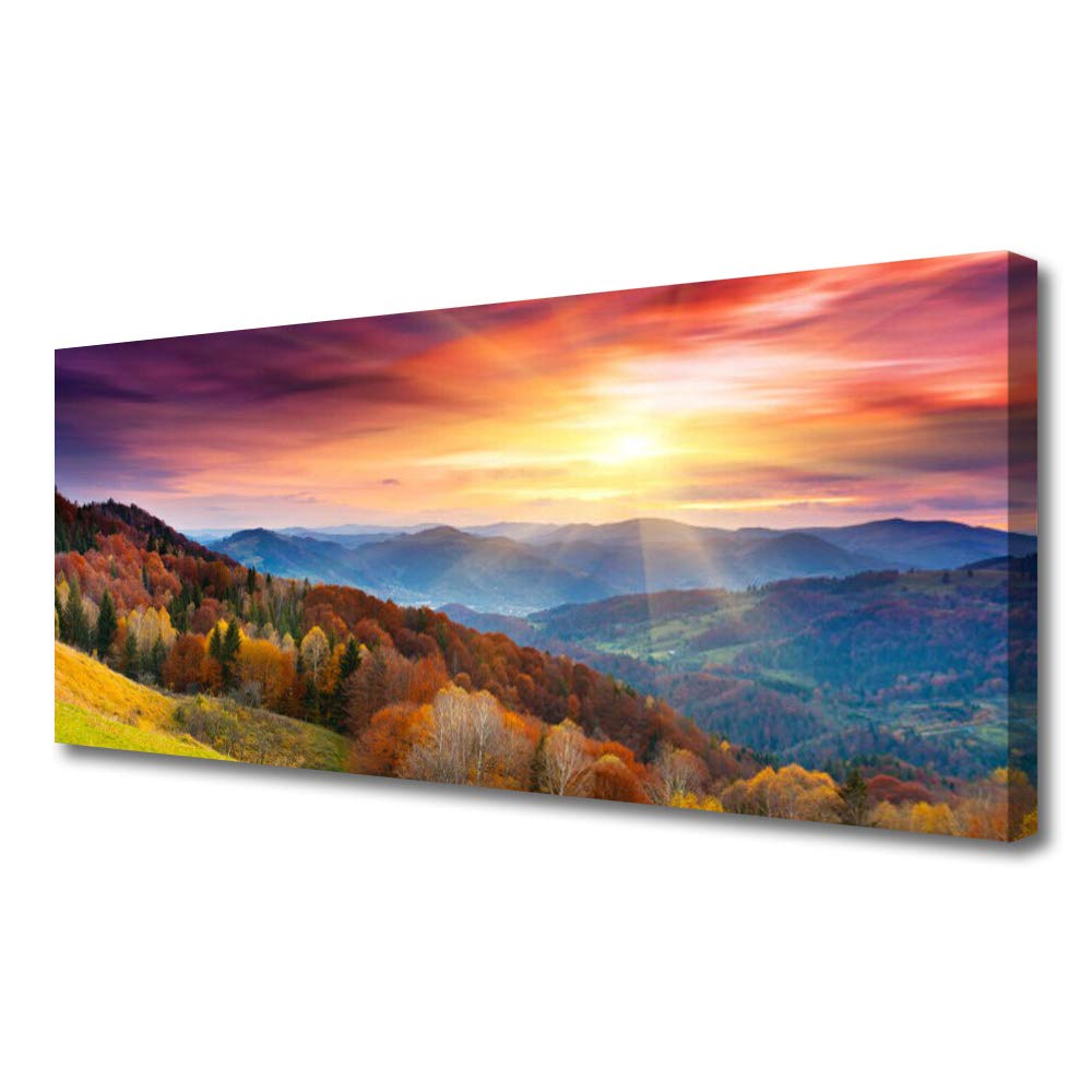Tableau sur toile 125x50cm paysage de montagne et forêt jaune pour déco murale