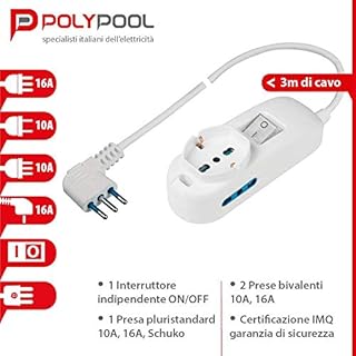 Poly Pool PP2501XL Multipresa con Cavo da 3 m – 2 Prese Bivalenti 10/16A 2P+T + 1 Presa Pluristandard 10A+schuko – Spina Salvaspazio da 16A-in, 3500 W, Bianco, 3 Metri