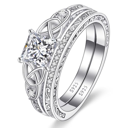 Image of Vintage Celtic Knot Women's Engagement Ring Sets 925 Sterling Silver /14K Gold Plated Stackable Wedding Bands Rings AAAAA Cubic Zirconia Women Bridal Sets Wedding Ring Band Width 1.8mm Size 5-9