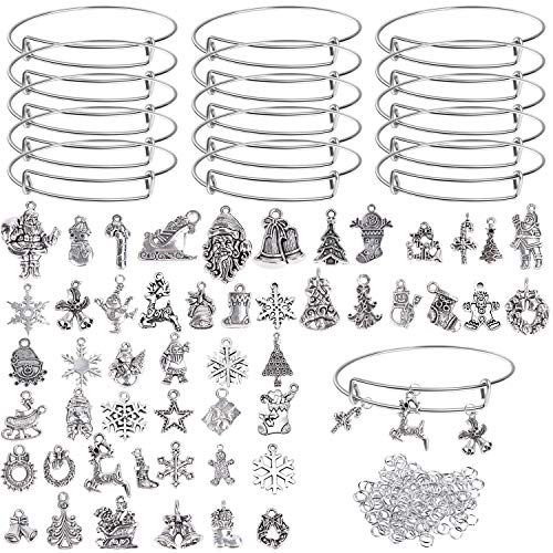 UPINS 15Pcs Silver Expandable Bangle Bracelets Adjustable Wire Blank Bracelets with 50Pcs Tibetan Silver Christmas Charms, 200Pcs Open Jump Rings for Jewelry Making