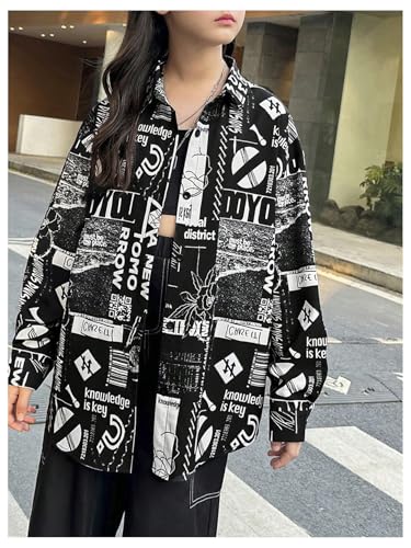 MakeMeChic Girl's Letter Graphic Button Down Shirts Oversized Long Sleeve Blouse Top3