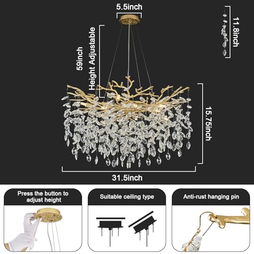 EWIMXSVC Modern Crystal Chandelier, 31.5" Chandeliers for Dining Room Gold Tree Branch Chandelier Lighting, Round Dining Room Chandeliers Over Table, Branches and Crystals Ceiling Light Fixtures - Image 2