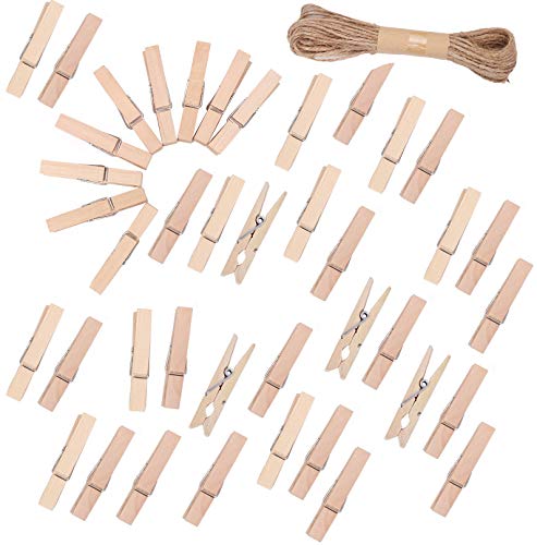 Yansanido Mini Clothespins 100pcs 13Inch 35cm Sturdy Wooden Mini Clothespin Photo Clips with 33 FT Jute Twine Multi-Function Small Clothespins for Photos Crafts Paper Peg Pin Décor