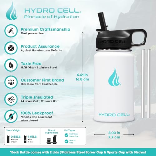 Image of HYDRO CELL Stainless Steel Sport Water Bottle with Straw - Keeps Drinks Cold & Hot via a Leak Proof Metal Triple Insulated Vacuum Flask for All Sports and Outdoors Activities (White 14oz)