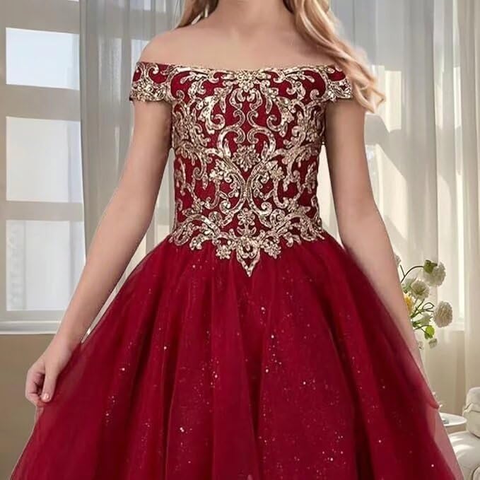 Tulle Flower Girl Dress Off Shoulder Pageant Dresses Sparkly Appliques First Communion Dress for Girls Ball Gowns4