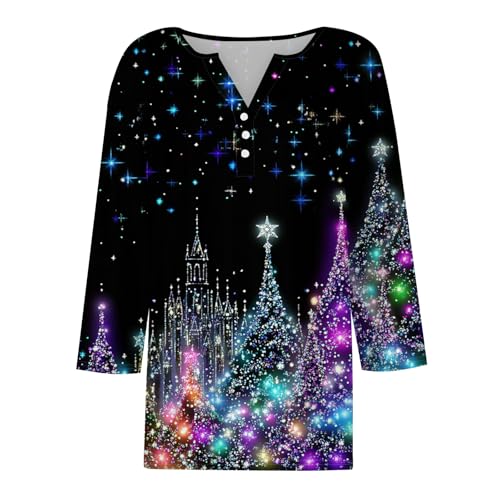 Image of Women Christmas Shirt 3 /4 Length Sleeve Henley Tops Xmas Outfits