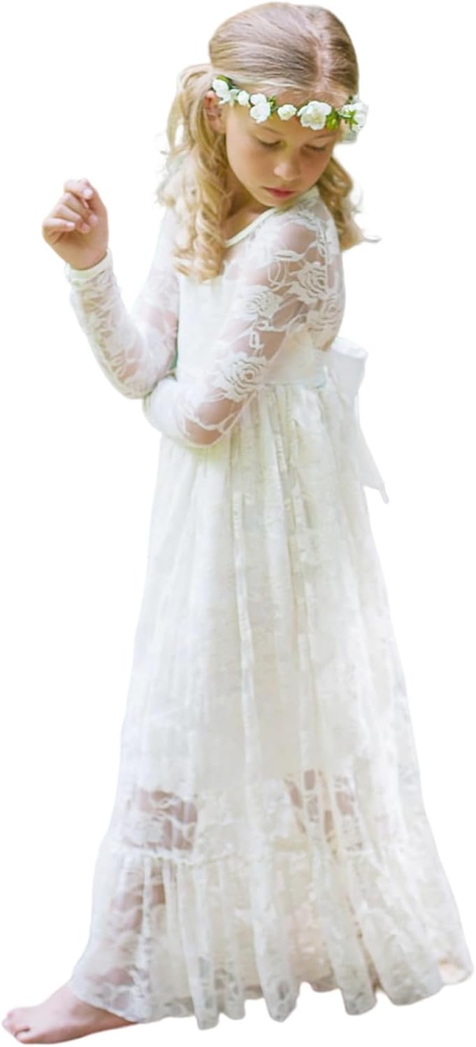ABaoWedding Fancy Ivory White Lace Flower Girl Dress Boho Rustic First Communion Gowns