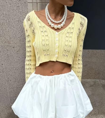 Image of Women Summer Crochet Cardigan Sweater Long Sleeve Button Hollow Out Lightweight V Neck Cropped Knit Cardigan