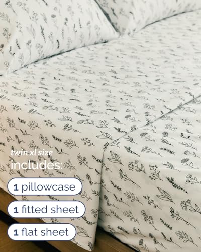 Image of Twin XL 3 Piece Floral Sheet Set - Soft, Breathable & Cooling - Plants | 1 Flat, 1 Fitted & 1 Pillowcase w / Deep Pockets, Boho Botanical Floral Bedding, Breathable & Cooling, Wrinkle & Fade Free