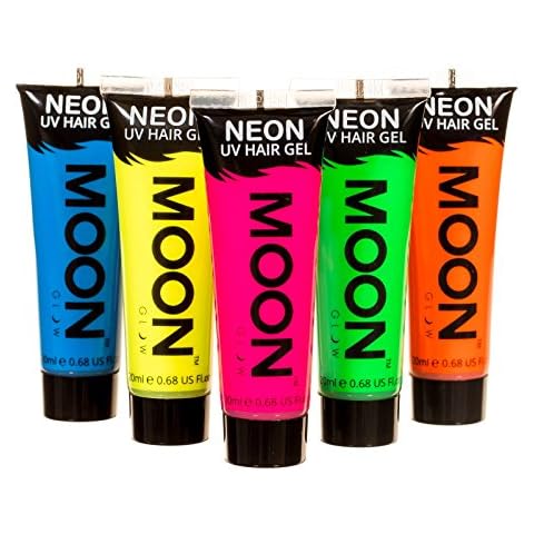 Moon Glow Neon UV Hair Gel - 20ml Set of 5 tubes - Temporary wash out hair colour dye - Spike and glow! Cover
