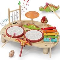 Lehoo Castle Dinosaur Kids Drum Kit, Wodden Musical Instruments Toys for 1-3 Year Old, Baby Todder Drum with Xylophone & 2 Drums, Musical Toys Gifts for Boys & Girls 12M+