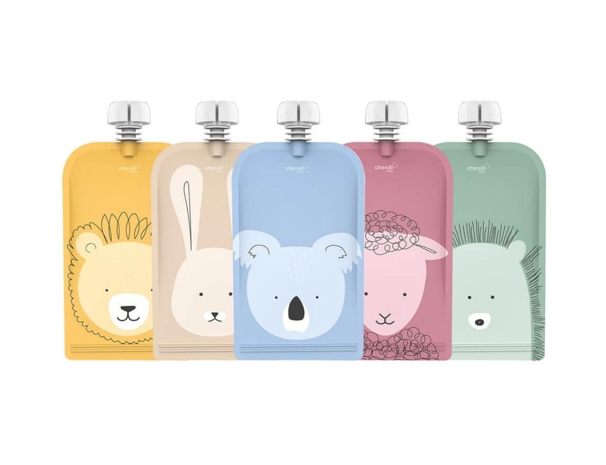 Cherub Baby Refillable Food Pouches 5 Pack 150ml Leakproof Freezer Safe BPA-Free Squeeze Bags for Toddler Baby Snacks Reusable Easy Fillable Animal Printed Pouch for Homemade Smoothies Purees Yoghurt