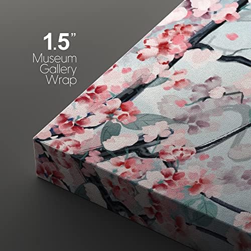 wall26 - 3 Panel Canvas Wall Art - Ink Painting Style Pink Cherry Blossom on The Branch - Giclee Print Gallery Wrap Modern Home Art Ready to Hang - 16"x24" x 3 Panels - 3