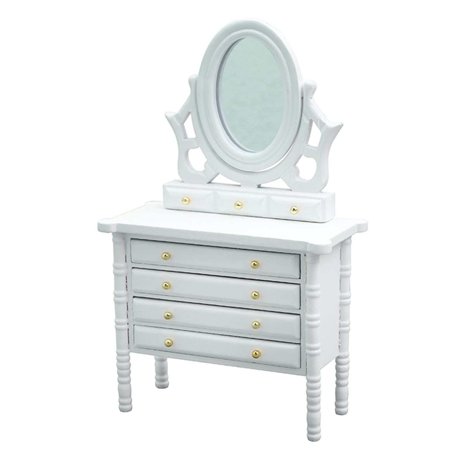Goodliest 1:12 Scale Miniature Dollhouse Dresser Table with Drawer - Retro Mirror Vanity Table Mini Dressing Table Wooden Dollhouse Furniture for 1/12 Doll House Decor White
