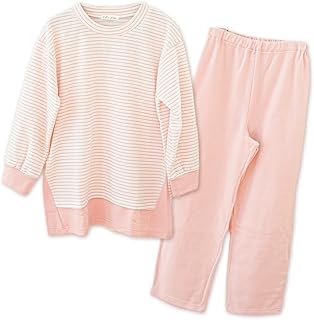 [こだわり安眠館] パジャマ レディース 長袖 ルームウェア 冬 上下セット ボーダー セットアップ 大きいサイズ ゆったり あったか ラウンドネック チュニック 長ズボン 部屋着 婦人 暖かい 春 秋 冬用 大きめ