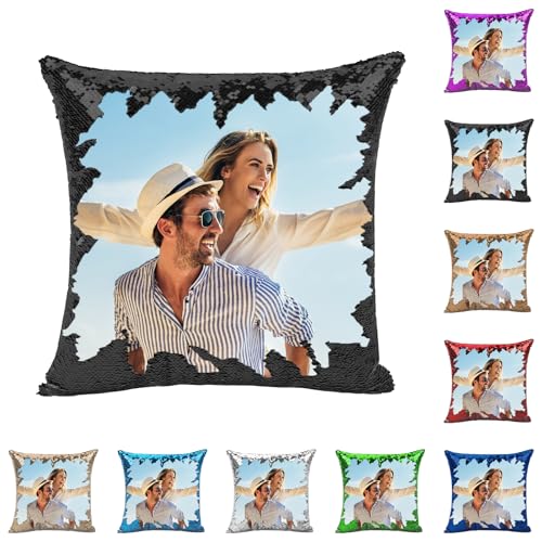 Housse de Coussin Photo Magique à Paillettes,Personnalisation Image, Mots, Animaux, Taie d'oreiller Scintillante DIY,Offrez Un Cadeau Unique,enveloppe...