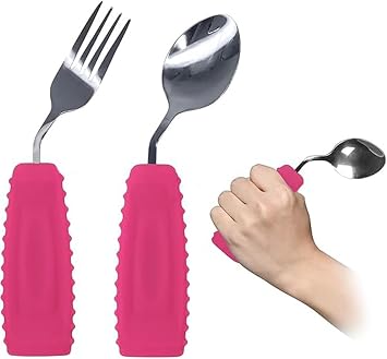 Adaptive Utensils,Weighted Angled Silverware,Parkinsons Aids,Curved Non-Slip Easy Grip Spoon and Fork Set for Tremors,Disabled,Handicap,Elderly,Arthritis Left Hand,Pack of 2,Rose Pink