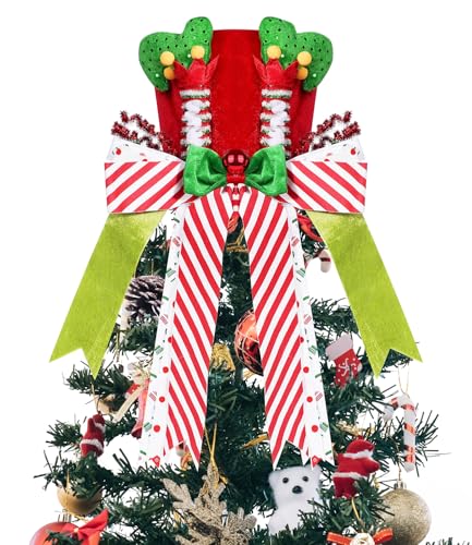Christmas Tree Topper Hat, Elf Legs Xmas Tree Toppers Large Red Velvet Hat with Lengthened Bowknot, Christmas Tree Ornaments for Christmas Holiday Home Decoration