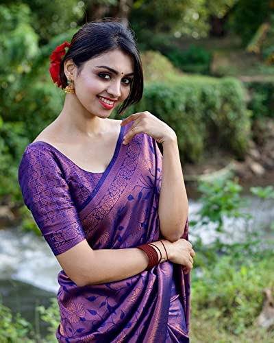 Image of SGF11 Women's Kanjivaram Soft Lichi Silk Saree With Blouse Piece (Purple)