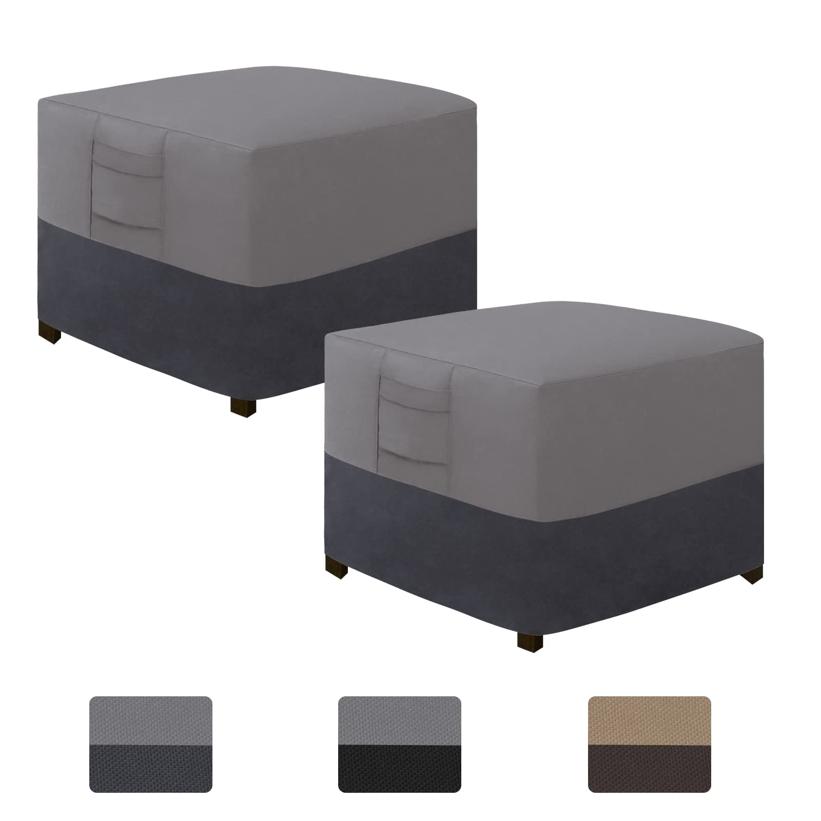 Easy-Going Outdoor Ottoman Cover, Waterproof Patio Ottoman Cover, Heavy Duty Outdoor Furniture Cover with Padded Handles (2 Pack-25"x25"x17", Gray/Dark Gray)