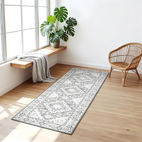 Lofus 2x6 Hallway Washable Runner Rug, Vintage Kitchen Runners Non Slip, Entryway Rugs for Bathroom Bedroom Living Room Laundry Room Floor Mat, Boho Entry Long Carpet, Floral Grey