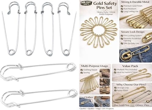 Image of MR. DIY Crafts Gold Safety Pins Set, Heavy Duty Metal Safety Pins for Sewing, Clothing Repair, Jewelry Making, DIY Crafts & Multipurpose Use (30, Gold Pin)