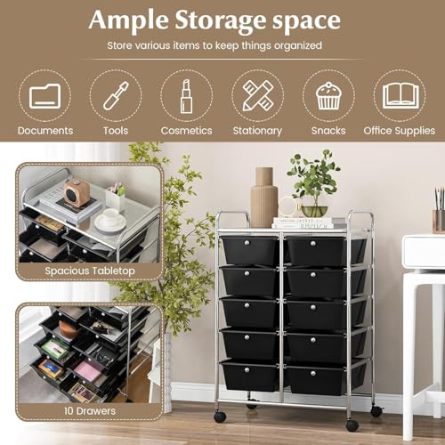 Image of LDAILY 10 Drawer Rolling Cart, Storage Cart Organizer on Wheels, Drawer Cart with Metal Frame & Large Storage Capacity, Rolling Cart with Drawers for Living Room Classroom, Office