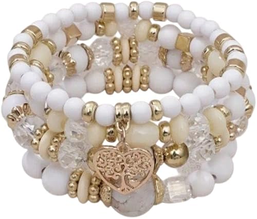 Vintage Boho Heart Charm Acrylic Bead Bracelet Set
