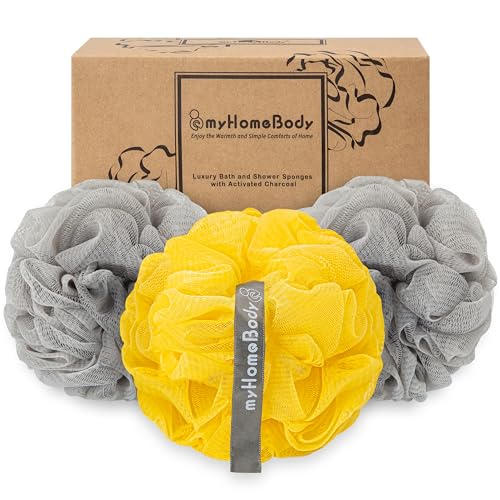 myHomeBody Large 70g Loofah Sponge, Body Scrubber, Bath Sponge, Loofah for Women, Men, Exfoliating Sponge Shower Pouf with Activated Charcoal - 2 Ultimate Gray + 1 Illuminating Yellow, 3 Pack