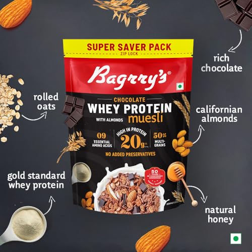 Image of Bagrry's Whey Protein Muesli 750g | 20g+ Protein | Chocolate Flavour | Whole Oats, Whey Protein, Californian Almonds & Bran | Breakfast Cereal | High Protein & Fibre | Premium American Whey Muesli