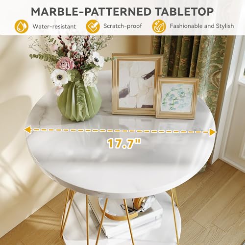 DWVO 2PCS Gold End Table, Modern Round Side Table with 2-Tier Storage Sheld, Small Sofa Table Coffee Table with Faux Marble Top for Living Room, Bedroom, White & Gold
