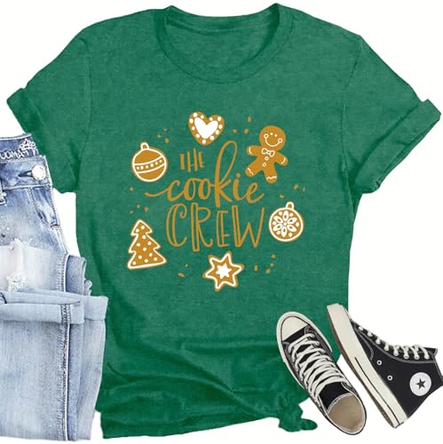 CQF Christmas Crew Shirts for Women The Cookie Crew Printed T Shirts Cute Xmas Holiday Tee Tops Green