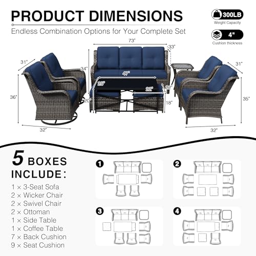 Image of Joyside 9 Piece Wicker Patio Furniture Set, Outdoor Swivel Rocker Patio Chairs with High Back, Deep Seating, Wide Armrest, Thickened Cushions, Outdoor Furniture for Deck, Porch Use