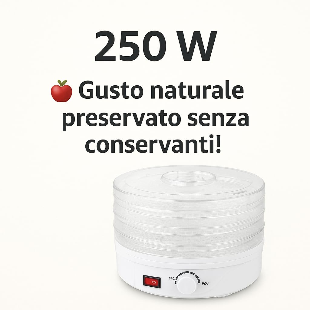 Essiccatore Alimentare 250W con 4 Vassoi – Essiccatore per Funghi, Frutta e Verdura Essiccatore per Alimenti Compatto, 8 Programmi, Ventola Potente, Facile da Usare