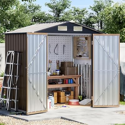 Grovellis 4x6FT Outdoor Metal Storage Shed with Frame Floor,Double Doors,with Frame Floor,Tool Shed for Garden, Patio, Backyard Brown