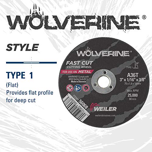 Image of Weiler 56068 3-Inch Cutting Wheel, Wolverine AO Steel /Metal Fast Cut, Value Cutting, 1 /16 inch A36T Type 1 3 /8 inch Arbor (Pack of 100)